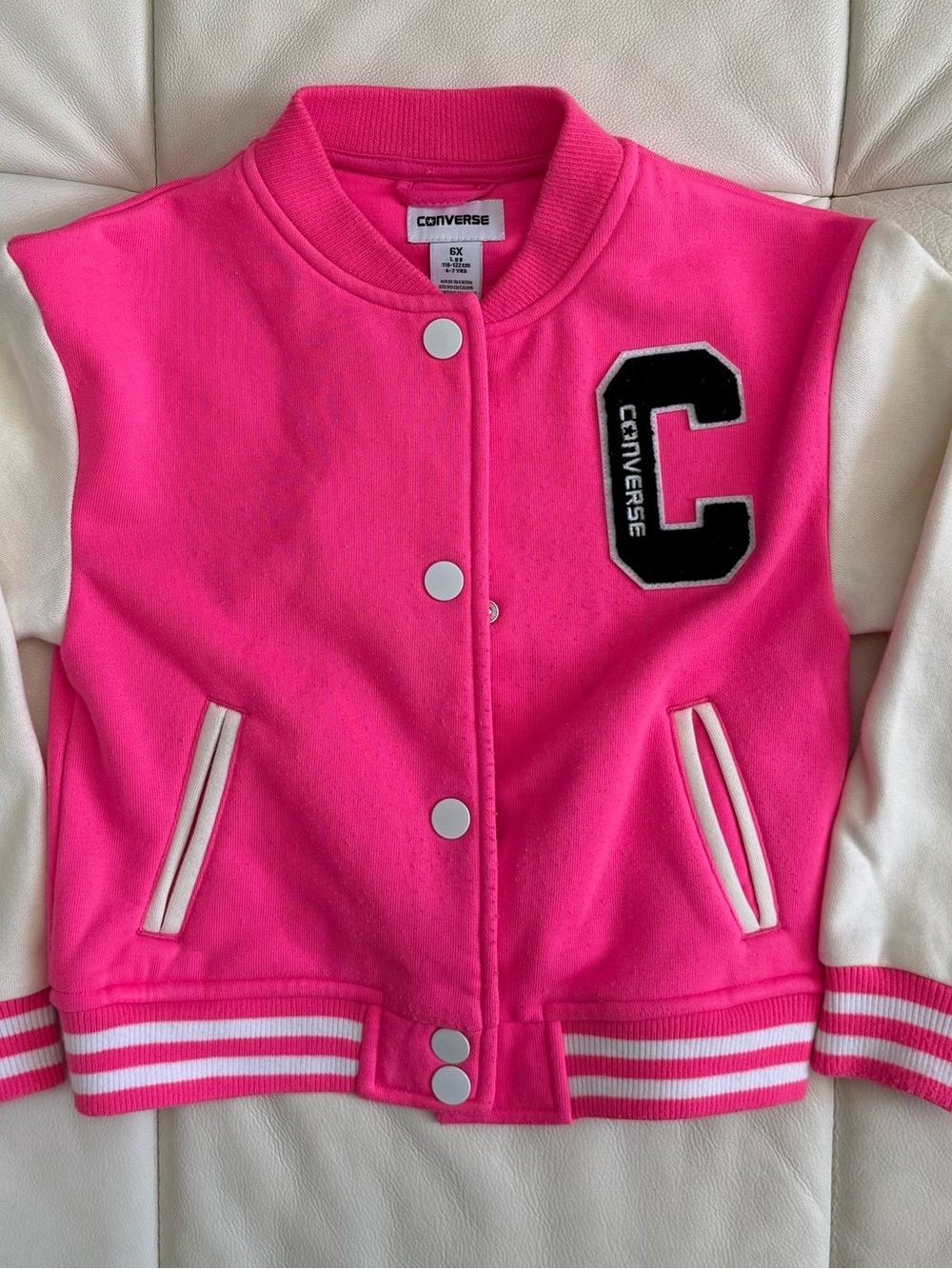 GIRLS Converse Hot Pink and White Varsity Jacket with C Patch SIZE 6 Y